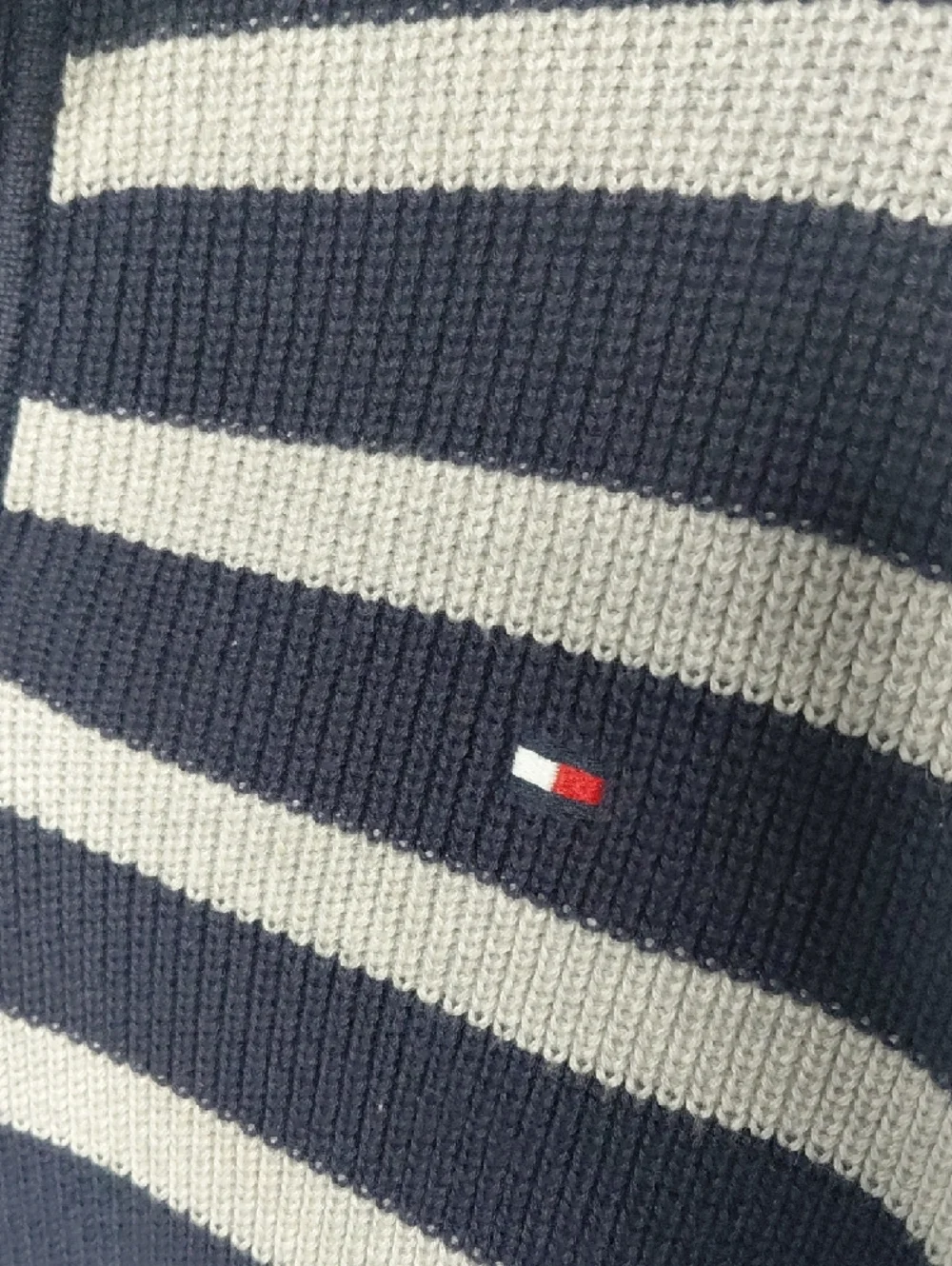 Tommy Hilfiger Navy and Cream Striped V-Neck Sweater